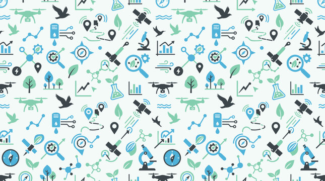 Ecological monitoring icons and scientific research symbols forming a continuous seamless pattern for environmental awareness