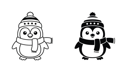Cute penguin wearing winter hat and scarf icon set in outline and solid black silhouette style for animal and winter holiday themes © Zenith