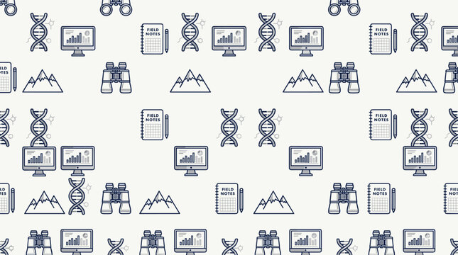 Environmental research icons and sustainable study symbols arranged in a sophisticated seamless repeating pattern for university