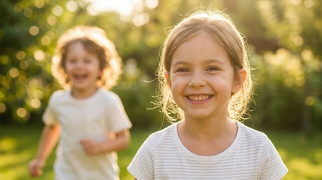 Carefree children enjoying a blissful sunny day outdoors while playing and laughing.