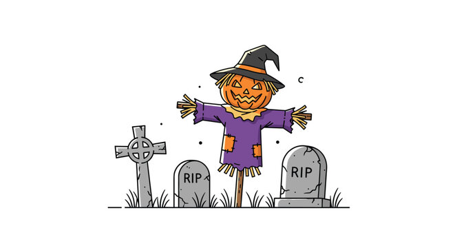 Spooky Halloween scarecrow with a carved pumpkin head standing among gray tombstones in a dark misty cemetery.