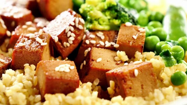 fried tofu cubes with sesame seeds served with brown rice and green vegetables