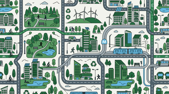 Green city planning icons and sustainable urban development symbols arranged in a seamless repeating pattern for architectural use