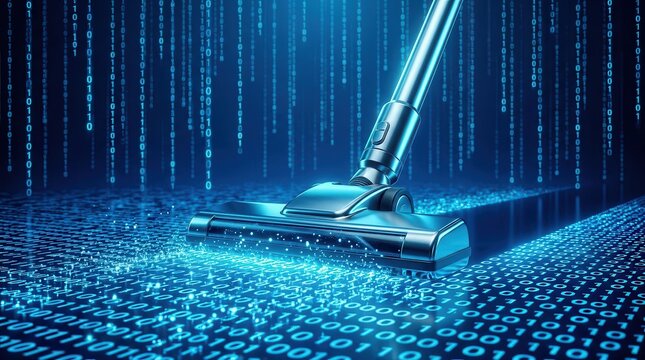 Digital waste management concept with a vacuum cleaning unnecessary data and binary files.