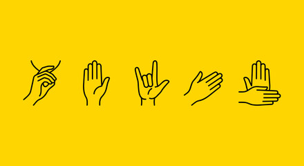Fototapeta premium Five distinct hand gestures illustrated in a minimalist line art style isolated against a bright and solid yellow background color