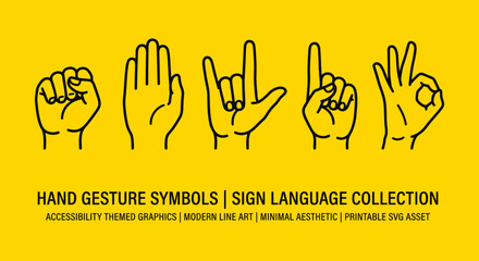Set of five minimal hand gesture symbols and sign language icons isolated against a vibrant yellow background for visual design © Firdaus