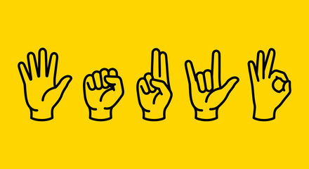 Fototapeta premium Multiple hand gestures showing various signs and communication signals isolated on a bright yellow background for creative design project use