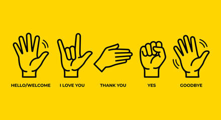 Various hand gestures representing sign language communication displayed as simple black line icons on a vibrant yellow rectangular background panel © Firdaus