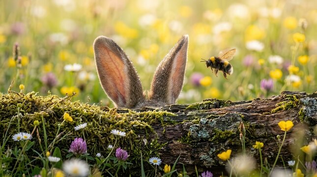Rabbit ears emerge from behind a mossy log observing a bumblebee in a spring meadow.