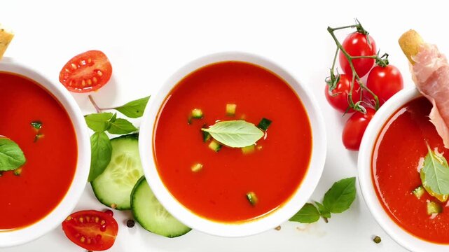 top view of tomato soup bowls with person hand holding handle on white background