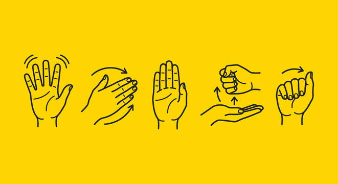 Hand gestures illustrating various nonverbal communication signals shown as simple line art icons set against a vibrant yellow background surface