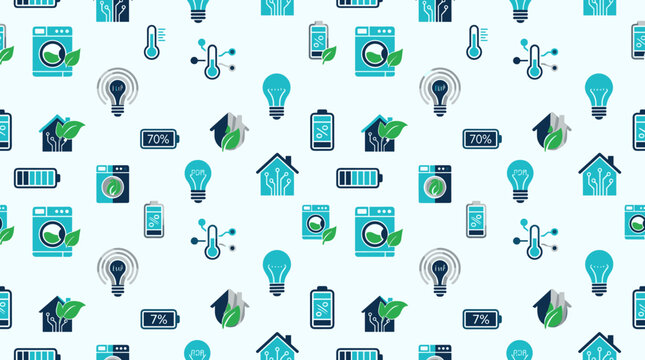 Home automation icons and energy-efficient appliance symbols forming a continuous seamless pattern for consumer electronics