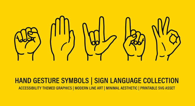 Set of five minimal hand gesture symbols and sign language icons isolated against a vibrant yellow background for visual design