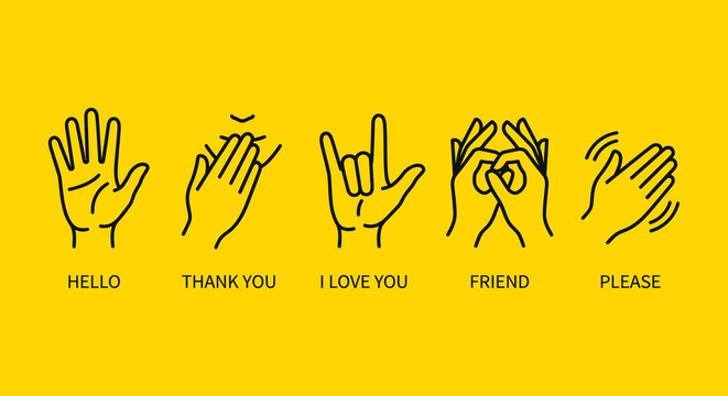 Hands performing various common sign language gestures on a bright yellow background to facilitate communication for deaf and hearing individuals