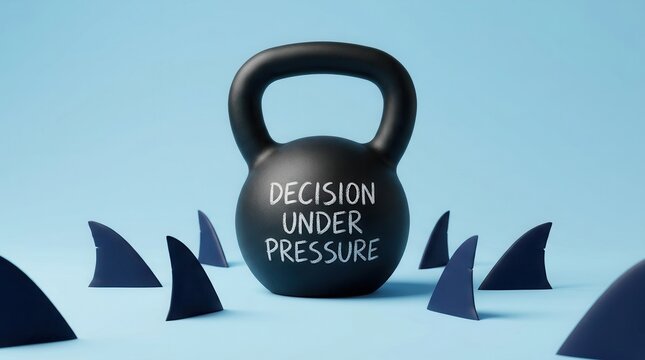 A black kettlebell with DECISION UNDER PRESSURE text surrounded by shark fins representing leadership challenges.