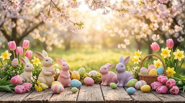 Easter eggs, cute bunny figurines, and fresh tulips, daffodils and cherry blossoms on a rustic wooden table in warm sunlight.