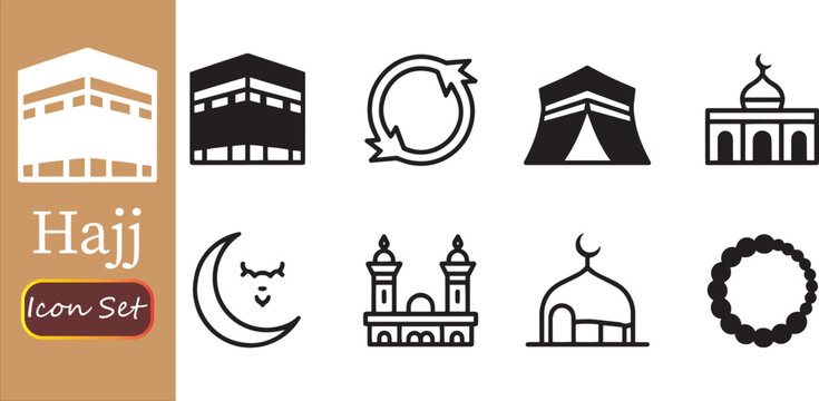 Hajj and Umrah Icon Set: Islamic Pilgrimage Concept with Kaaba, Mosque, Crescent Moon, Prayer Beads, and Tawaf Symbols - Vector Outline and Solid Icons for Muslim Religious Events