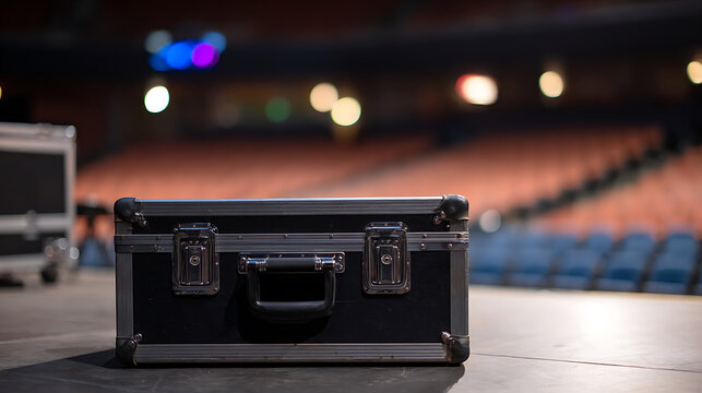 Stage Presence: A Durable Equipment Case Rests on an Empty Concert Stage, Awaiting a Performance in a Large Auditorium, Ready to Go