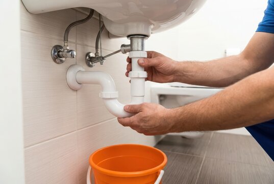Plumber's hands assembling a white PVC pipe trap under a bathroom sink with an orange bucket nearby.