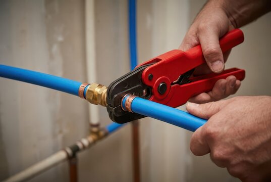 Plumber using a crimping tool to connect a blue PEX pipe to a brass fitting for water supply installation.