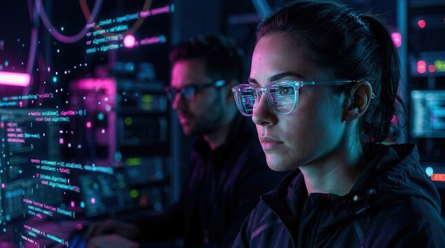 Two people wearing glasses analyze code and data in a dark environment with neon lights.
