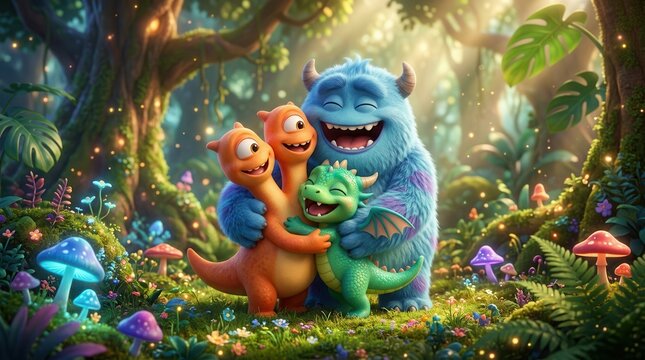 Fluffy blue monster hugging an orange two-headed creature and a green dragon friend in a vibrant enchanted forest.
