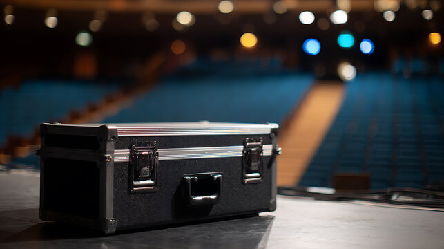 Robust equipment case sits on a stage, blurred audience seating and vibrant bokeh lights adorn the background, ready scene for event production
