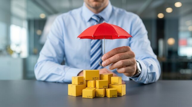 Businessman providing cargo protection for goods packed in shipping boxes.