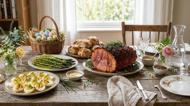 Festive spring holiday meal featuring glazed ham, deviled eggs, roasted asparagus, hot cross buns, and colorful Easter eggs on a rustic wooden table.