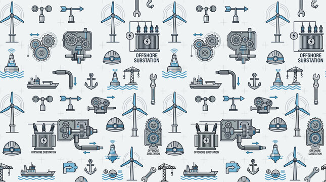 Offshore turbine engineering icons and marine power symbols arranged in a sophisticated seamless repeating pattern for technical