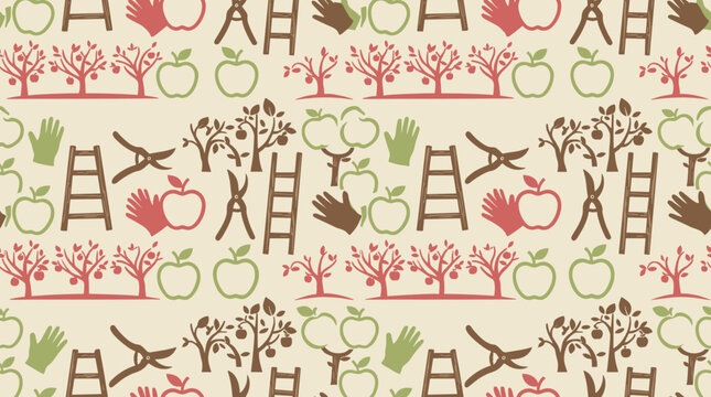 Seamless pattern of orchard and gardening tools with apples and trees