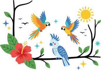 Colorful tropical vector illustration featuring macaws and a cockatoo on a branch with hibiscus flowers and summer sun © IconicCreations