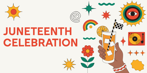 Fototapeta premium Juneteenth celebration graphic displays a hand holding a refreshing drink alongside iconic symbols of freedom and joy.