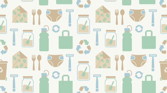Plastic-free living elements and waste reduction icons forming a continuous seamless pattern for environmental awareness materials