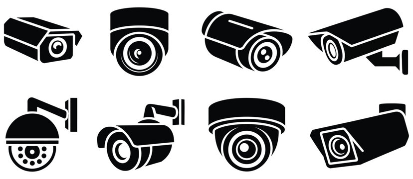 Security camera and CCTV surveillance icon set, video monitoring equipment symbols, modern flat vector illustration collection for home security systems, public surveillance, and digital monitoring 