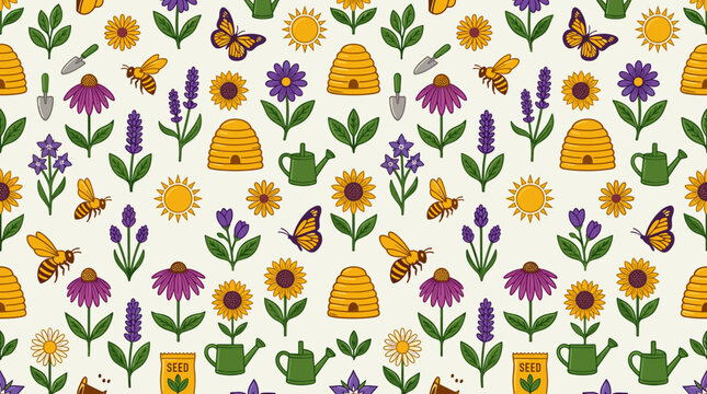 Pollinator friendly gardening icons and bee-friendly plant symbols arranged in a seamless repeating pattern for sustainable