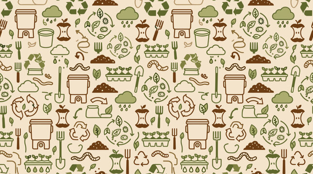 Organic recycling icons and compost management symbols forming a continuous seamless pattern for environmental awareness materials