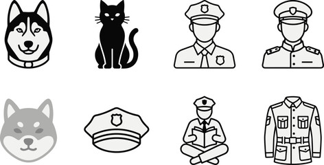 Diverse Collection of Minimalist Icons Featuring Husky and Shiba Inu Dogs Black Cat Silhouette and Police Officer Avatars © IconicCreations