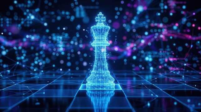 A glowing chess king piece on a futuristic digital grid with neon lights.