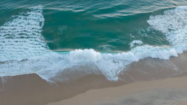 Aerial view of turquoise ocean waves crashing on sandy beach, cinematic drone shot of tropical sea water and white foam, peaceful coastal landscape for travel and vacation backgrounds