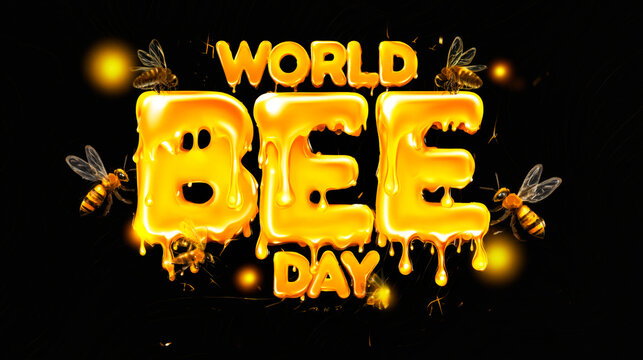 Graphic design for World Bee Day with honey-dripping letters and bees, illuminated by glowing elements against a dark backdrop
