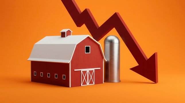 The decline of the agricultural sector represented by a farm and a downward arrow.