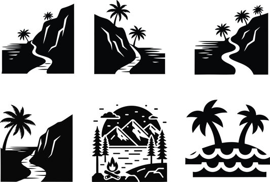 Tropical beach and mountain scenery silhouette collection with palm trees tropical mountain silhouette landscape vacation paradise hillside headland promontory peninsula geography outdoors