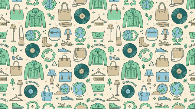 Sustainable fashion retail icons and pre-loved item symbols forming a continuous seamless pattern for environmental awareness