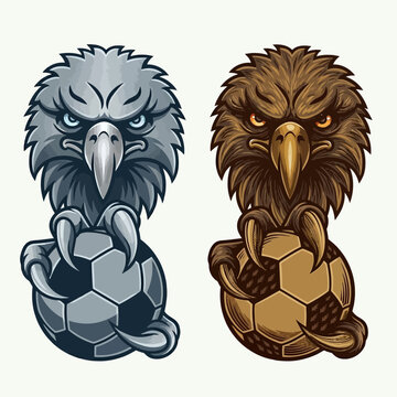 Two eagle heads grasping soccer balls in aggressive stances side by side
