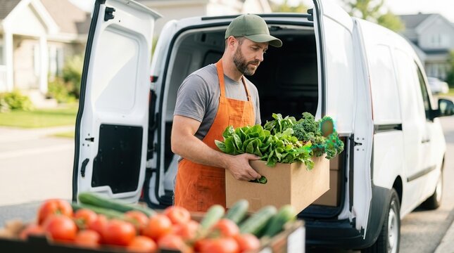 A local farmer delivering a box of fresh organic vegetables and greens from a white van.