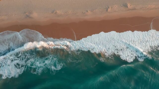 Aerial top view of turquoise ocean waves crashing on sandy beach, cinematic drone shot of sea foam and shoreline, tropical coastal landscape for travel and vacation backgrounds