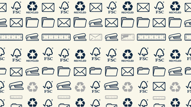 Sustainable stationery icons and recycled paper symbols arranged in a sophisticated seamless repeating pattern for modern office