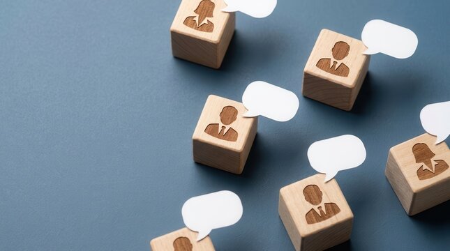 Wooden blocks with employee icons and speech bubbles representing worker feedback and opinions.