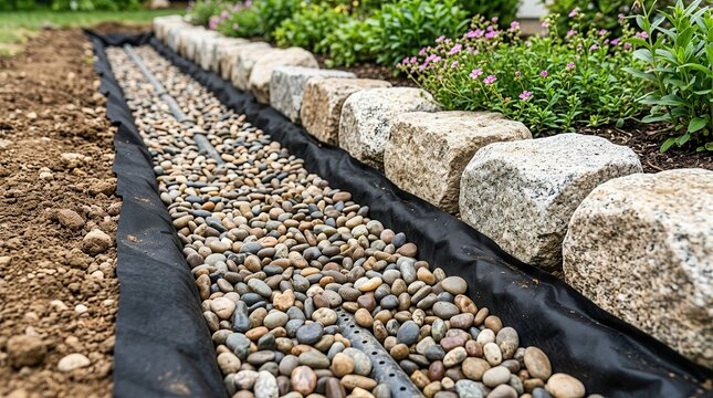French drain system with perforated pipe and gravel in a landscape trench.